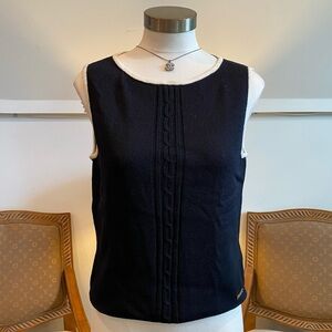Vintage 90s St. John Navy Blue Knit Tank Top with Cream Trim, Size S/M